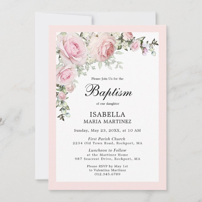 Invitación al bautismo por acuarela floral rosa de (Anverso)