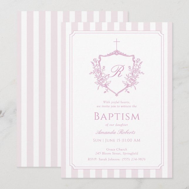 Invitación al bautismo por monograma Escudo rosa (Anverso / Reverso)
