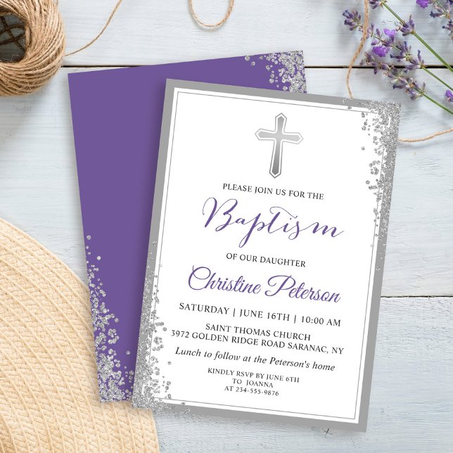 Invitación al bautismo púrpura de lavanda Purpurin (Subido por el creador)