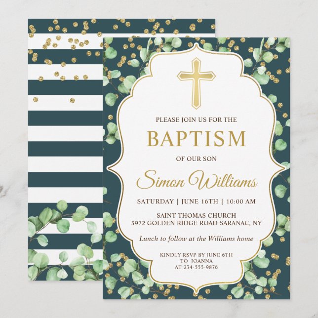 Invitación al bautismo Purpurina de oro de la vege (Anverso / Reverso)