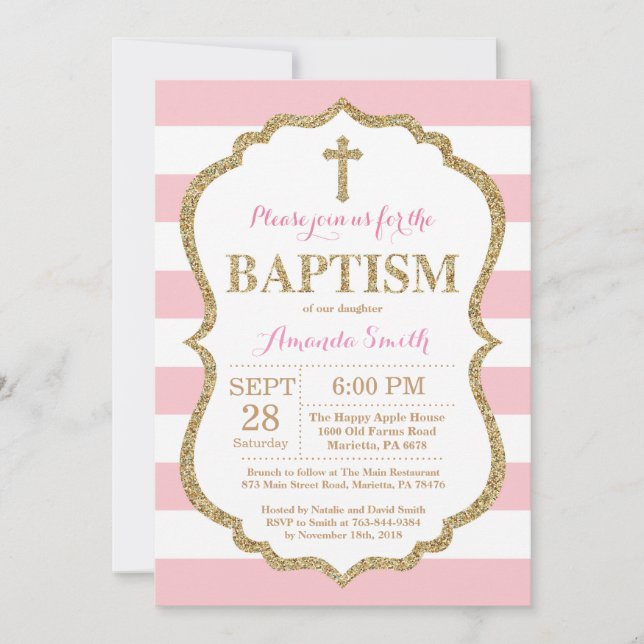 Invitación al bautismo Purpurina rosa y dorado (Anverso)