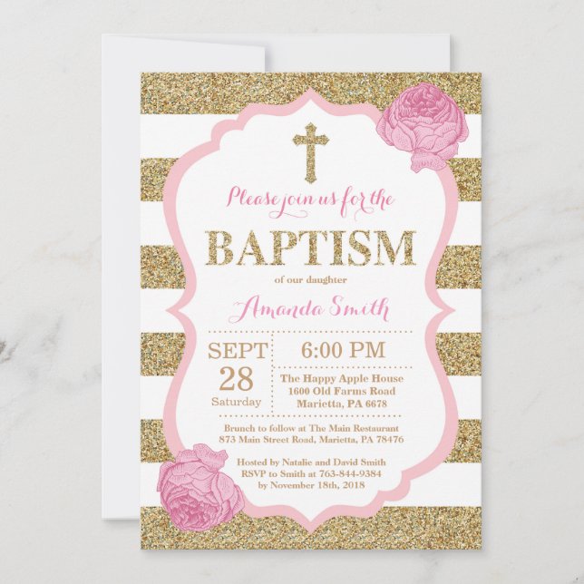 Invitación al bautismo Purpurina rosa y dorado (Anverso)