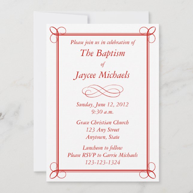 Invitación al bautismo rojo Personalizado u otro e (Anverso)