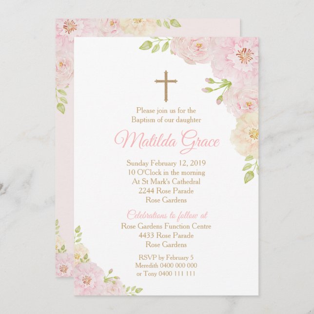 Invitación al bautismo Rosa chica Invitación al ba (Anverso / Reverso)