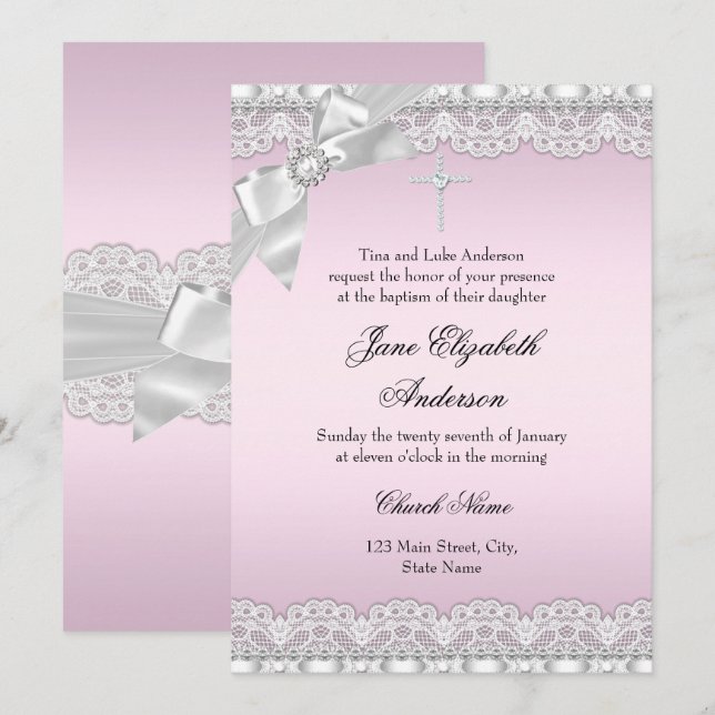 Invitación al bautismo rosa de encaje de diamante  (Anverso / Reverso)