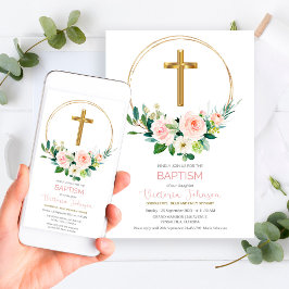 Invitación al bautismo rosa y dorado