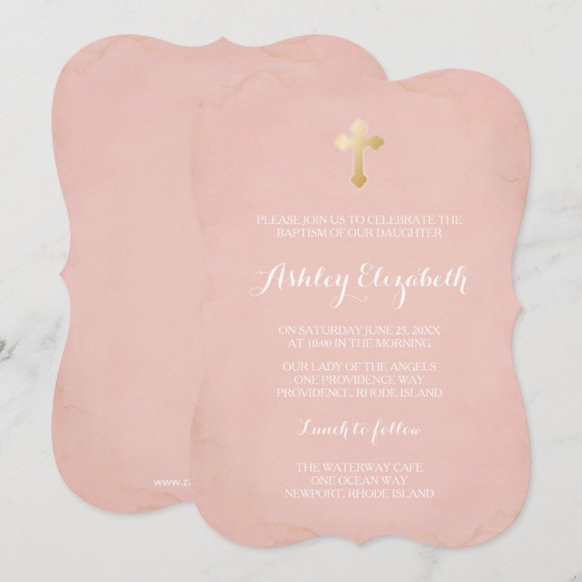Invitación al bautismo rosa y dorado ~ Faux Gold (Anverso / Reverso)
