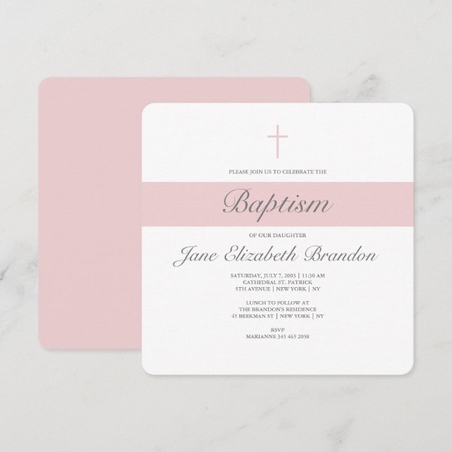 Invitación al bautismo rosado (Anverso / Reverso)