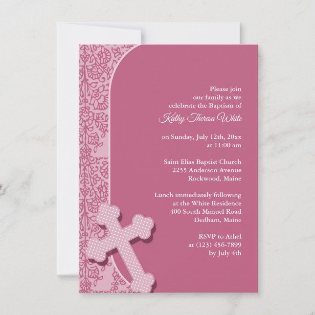 Invitación al bautismo rosado chica (Anverso)