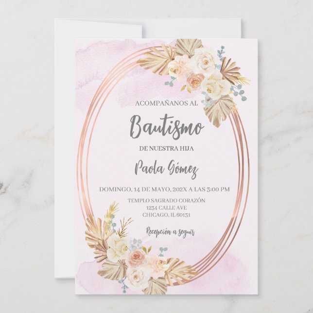 Invitación al bautismo rosado de Boho para chica (Anverso)
