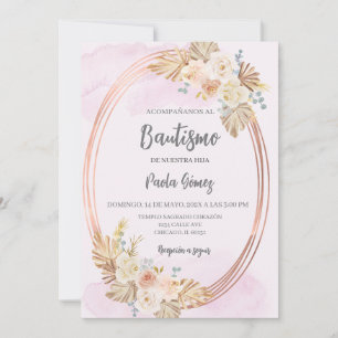Invitación al bautismo rosado de Boho para chica
