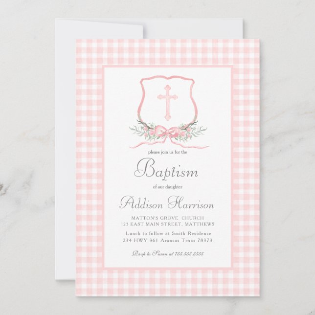 Invitación al bautismo rosado de Gingham, bautismo (Anverso)