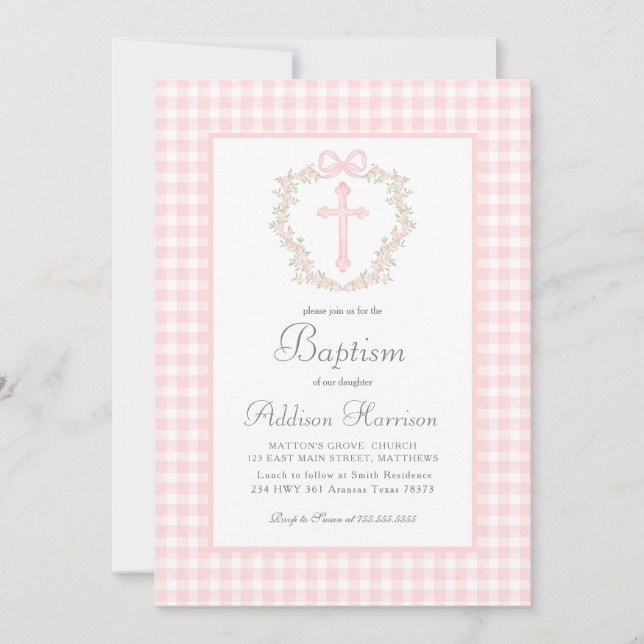 Invitación al bautismo rosado de Gingham, bautismo (Anverso)