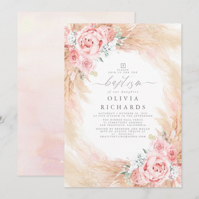 Invitación al bautismo rosado de Rubor pampas (Anverso / Reverso)