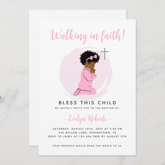 Invitación al bautismo rosado - Rezando a la bebé  (Anverso / Reverso)