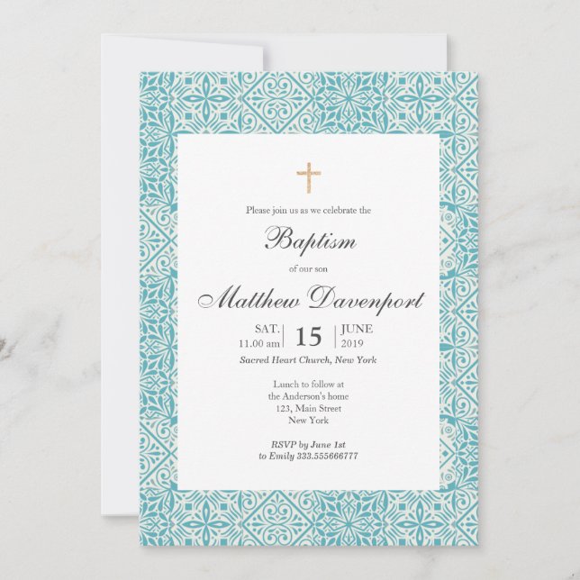 Invitación al Bautismo Turquesa con baldosas de mo (Anverso)