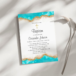 Invitación al bautismo verde azulado y de oro