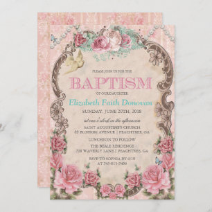 Invitación al bautismo vintage de Shabby Chic