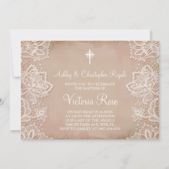 Invitación al bautismo Vintage rosa (Anverso)