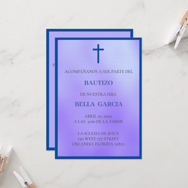 Invitación al bautizo púrpura/bautismo (Anverso/Reverso In Situ)