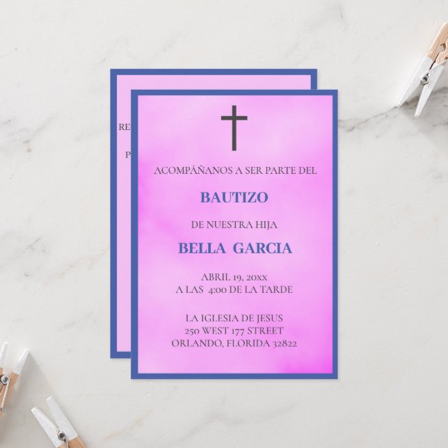 Invitación al bautizo rosado/bautismo de chicas (Anverso/Reverso In Situ)