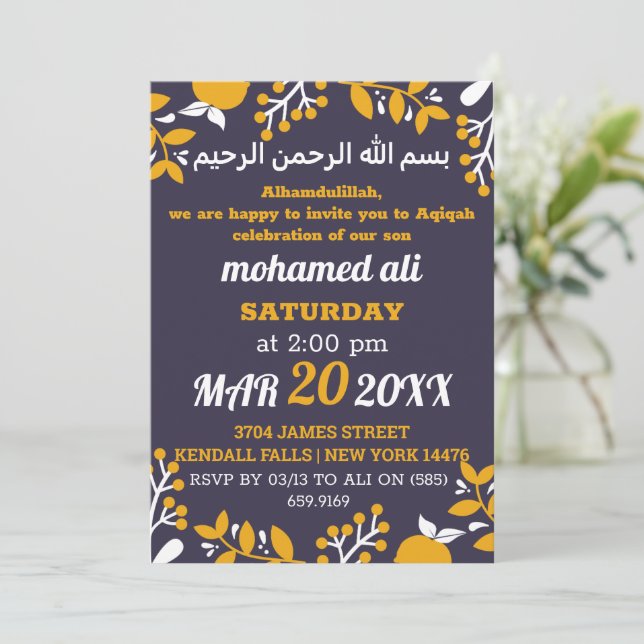 Invitación al bebé Aqiqah islámico con tema floral (Anverso de pie)