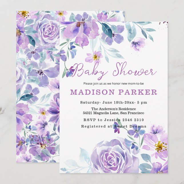 Invitación al bebé de flores moradas y rosas (Anverso / Reverso)