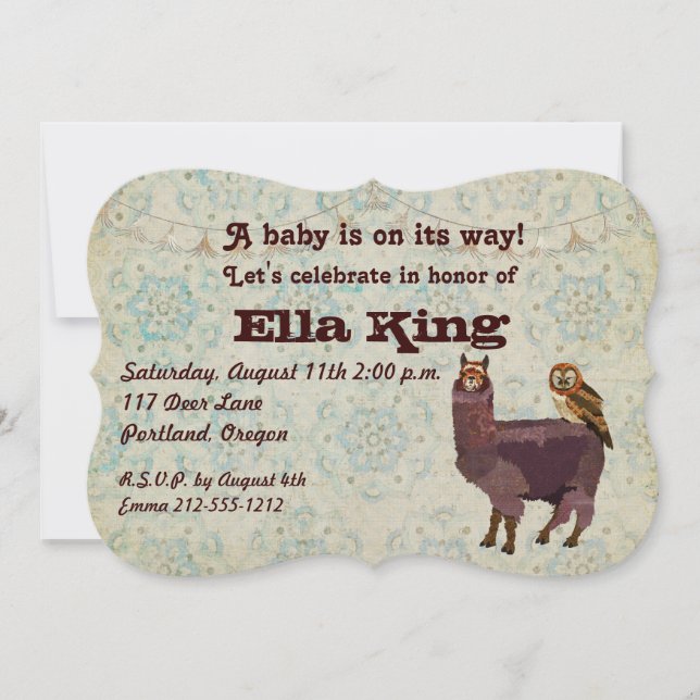 Invitación al bebé floral Violet Llama & Owl (Anverso)
