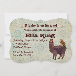 Invitación al bebé floral Violet Llama & Owl