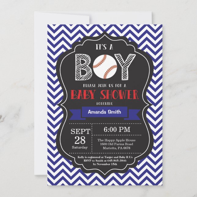 Invitación al beisbol Baby Shower Chevron azul (Anverso)