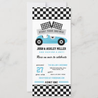 Invitación al billete Baby Shower de Blue Race Car