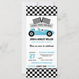 Invitación al billete Baby Shower de Blue Race Car