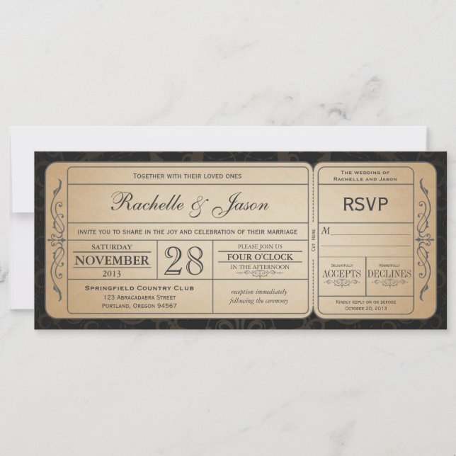Invitación al billete de boda con RSVP 2.0 (Anverso)