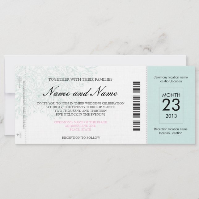 Invitación al billete de Boda del avión (Anverso)