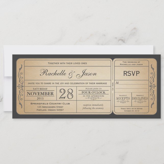 Invitación al billete de bodas con RSVP (Anverso)
