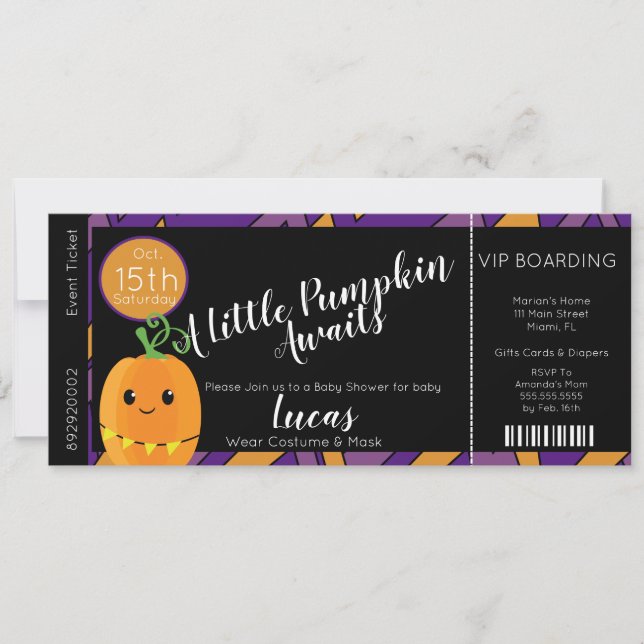 Invitación al billete de calabaza de Baby Shower d (Anverso)