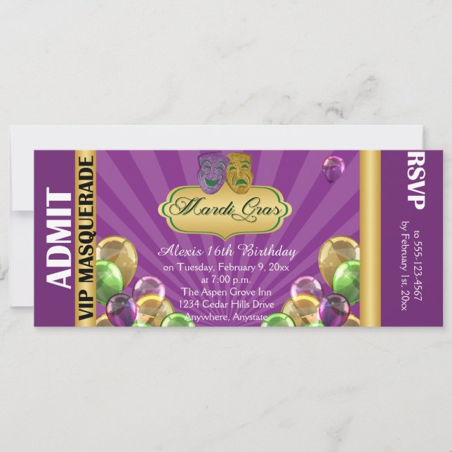 Invitación al billete Fiesta del mardi gras morado (Anverso)