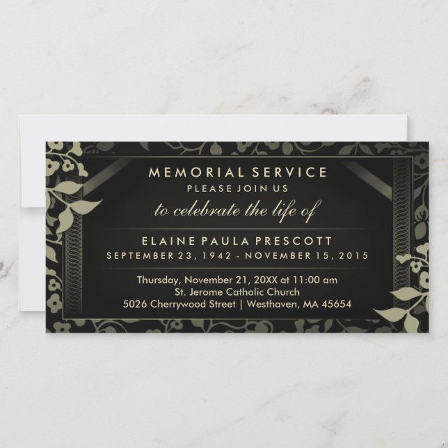Invitación al Black & Gold Floral Memorial Service (Anverso)