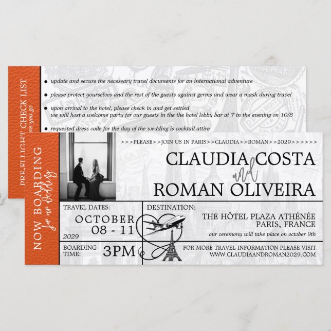 Invitación al Boda naranja de París para el embarq (Anverso / Reverso)