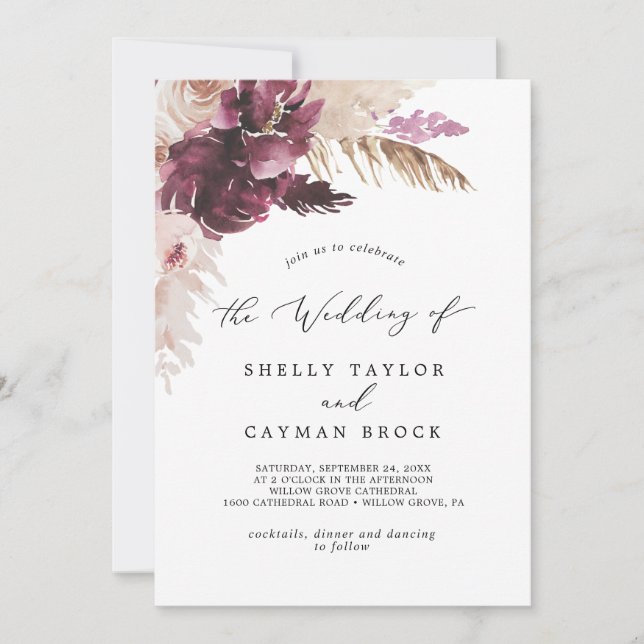 Invitación al Boho Pampas Grass Monogram Back Wedd (Anverso)