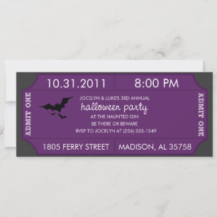 Invitación al boleto morado de Halloween