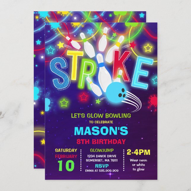 Invitación al bolos Glow Neon Bowling Cumpleaños (Anverso / Reverso)