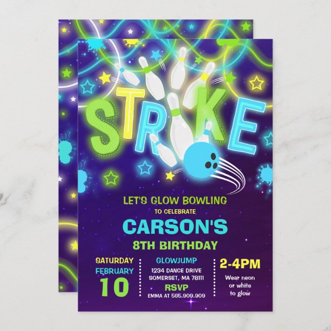 Invitación al bolos Glow Neon Bowling Cumpleaños (Anverso / Reverso)