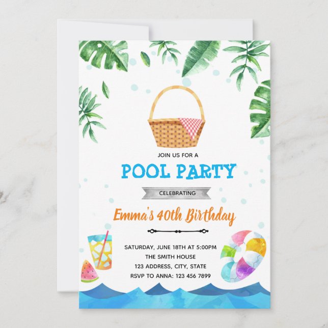 Invitación al brunch de picnic tropical de piscina (Anverso)