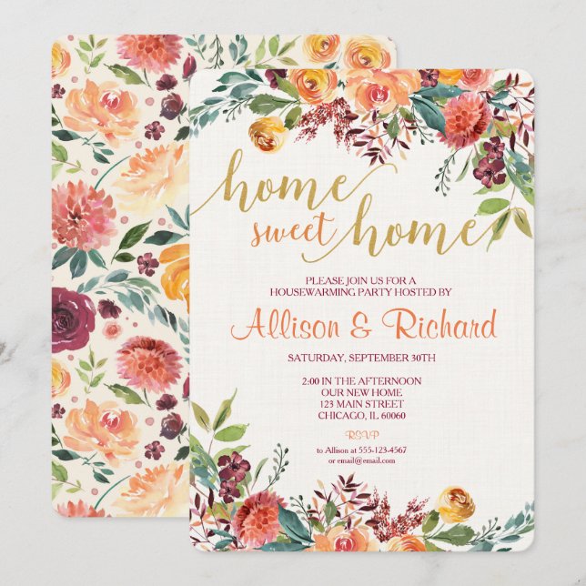 Invitación al calor de la casa, invitación floral  (Anverso / Reverso)