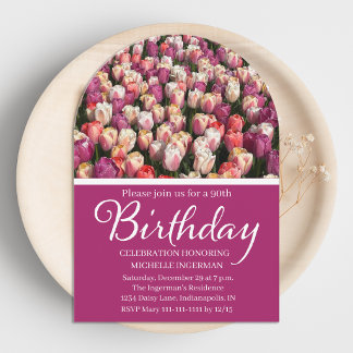 Invitación al campo de tulipanes para el 90 cumple