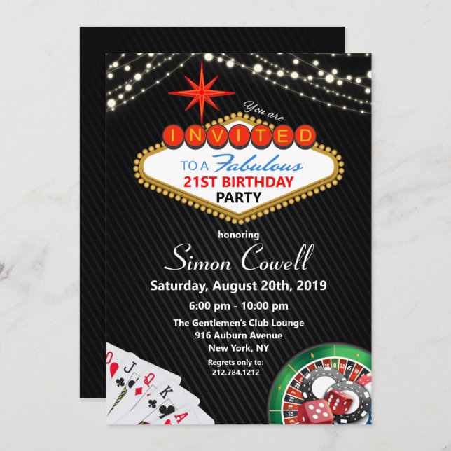 Invitación al Casino Vegas de cumpleaños 21 (Anverso / Reverso)