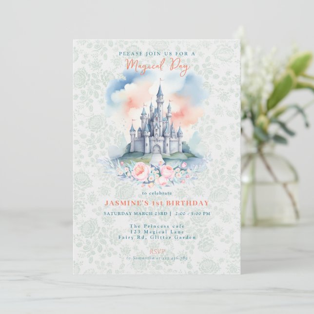Invitación al Castillo de Princesa Mágica Floral (Anverso de pie)