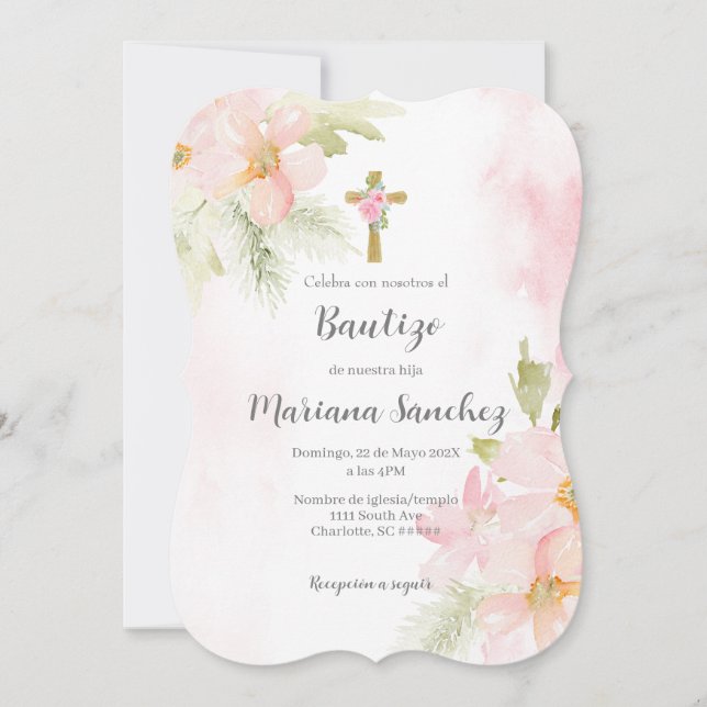 Invitación al chica al bautismo de flores rosadas  (Anverso)