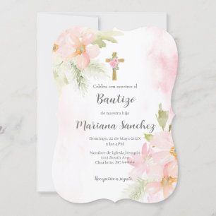 Invitación al chica al bautismo de flores rosadas